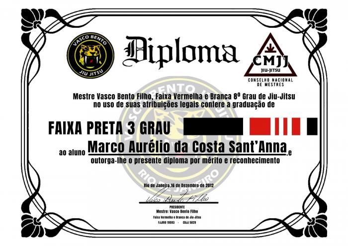 Black belt 3rd degree · December 16, 2012 · Promoted by Mestre Vasco Bento Filho