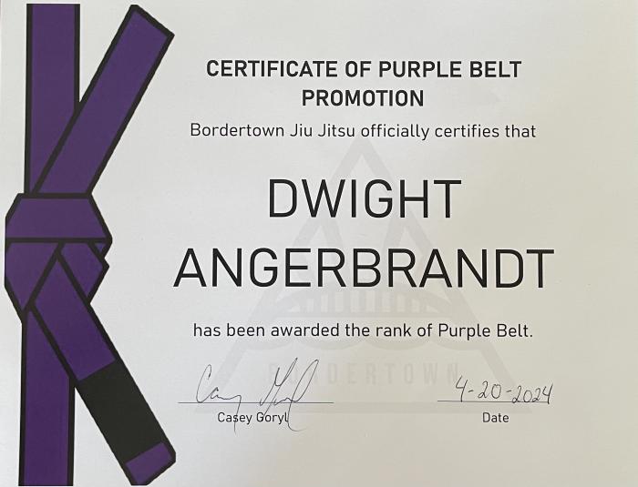 Purple belt · April 20, 2024 · Promoted by Casey Goryl