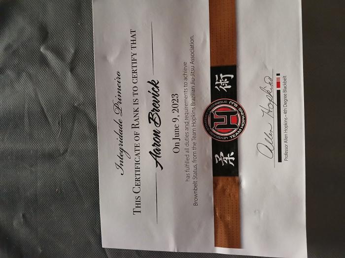 Brown belt certificate from Allen Hopkins