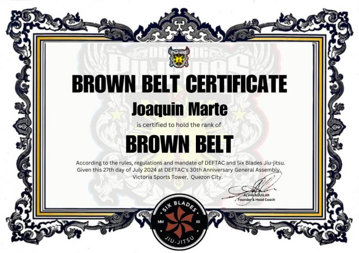 Brown belt · July 27, 2024 · Promoted by Prof. Arthur Alvin Aguilar