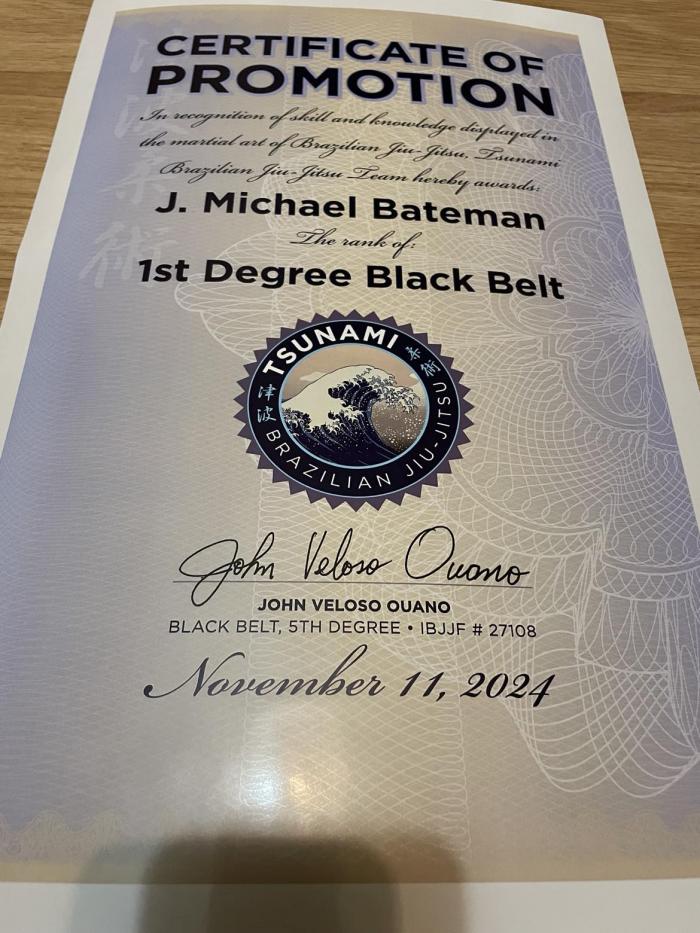 Black belt 1st degree · November 12, 2024 · Promoted by John Ouano