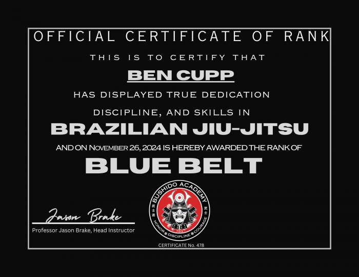 Blue belt · November 26, 2024 · Promoted by Jason Brake