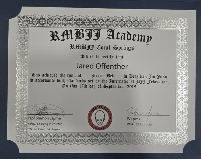 Brown belt · September 17, 2018 · Promoted by Patrick Jayme