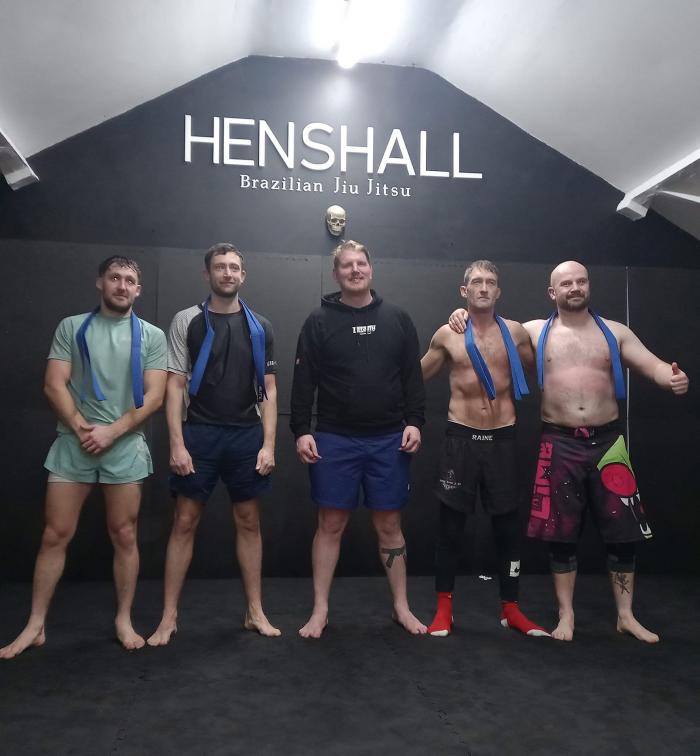 Received my blue belt from Steven Henshall @  Henshall BJJ (I’m on the right at the end)