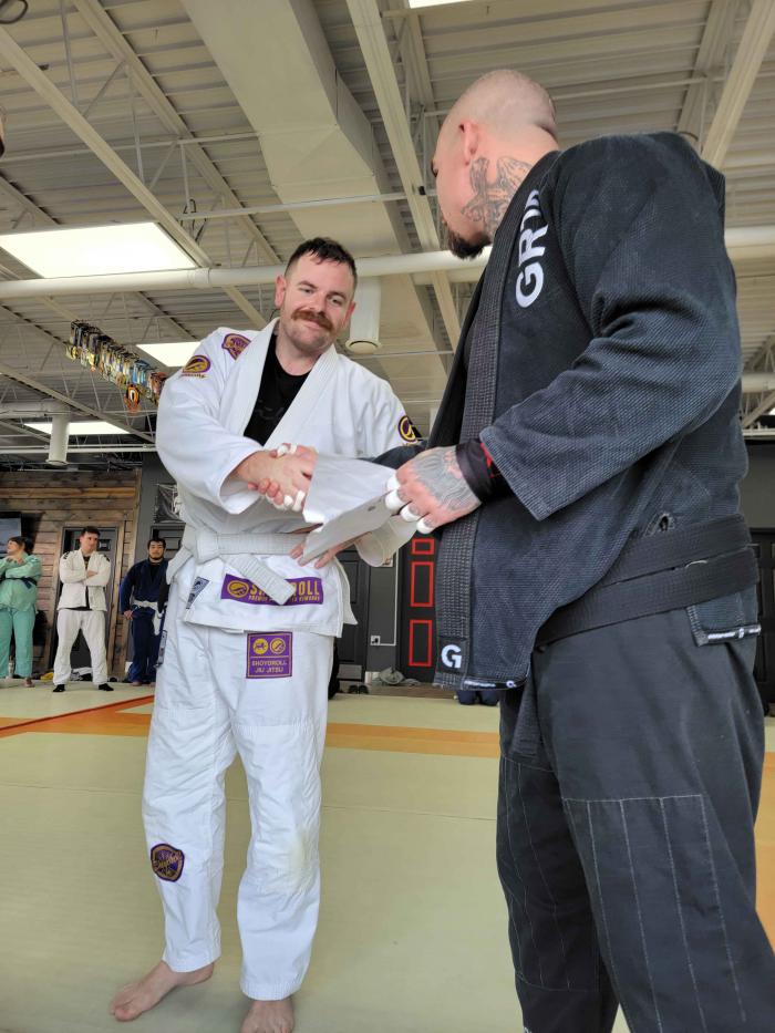 First stripe on white belt