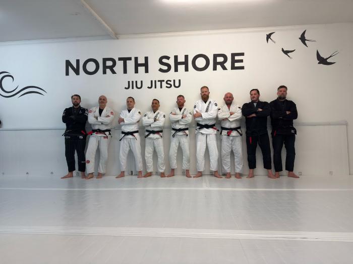 Black belt lineup at North Shore BJJ 21/02/25. In attendance: Alex Fedeszyn, Dan Fedeszyn, Andy Roberts, Kev Capel, Greg Stafford, Rene Terblanche, Simon Phillips, Nick Tiscoe, Alex smith
