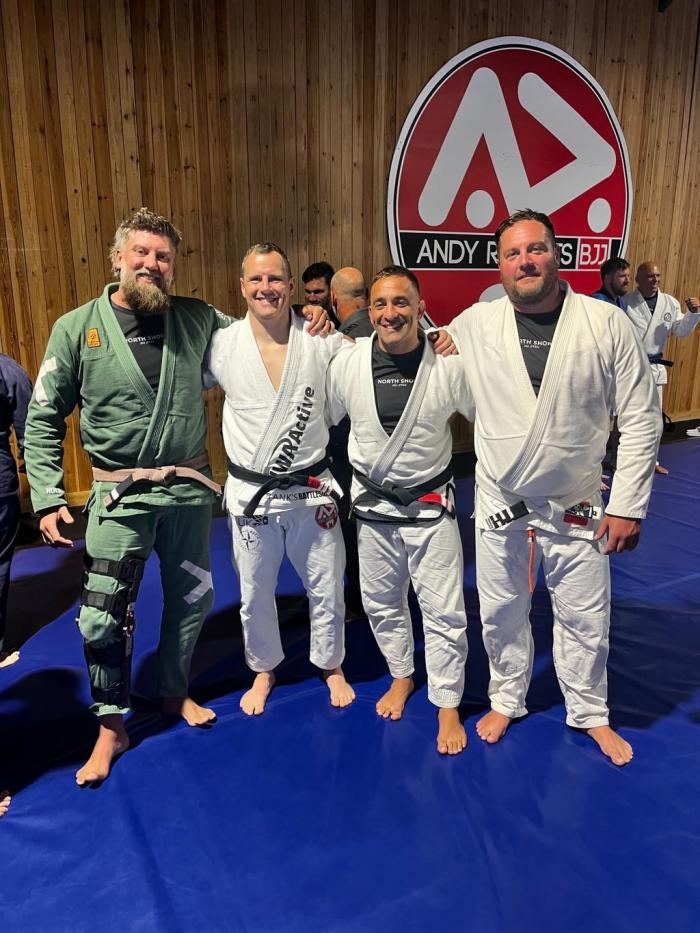 Royce Gracie Seminar at Andy Roberts BJJ With my two coaches Rene and Nick along with Andy Roberts.