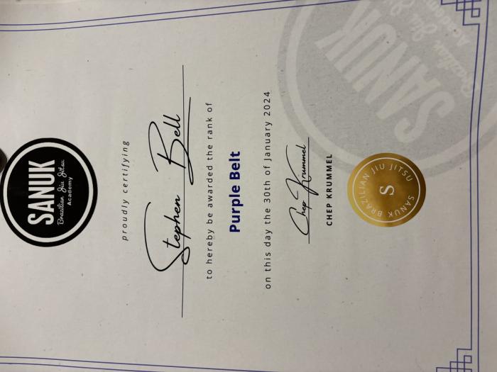 Purple belt · January 30, 2024 · Promoted by Chep Krummel