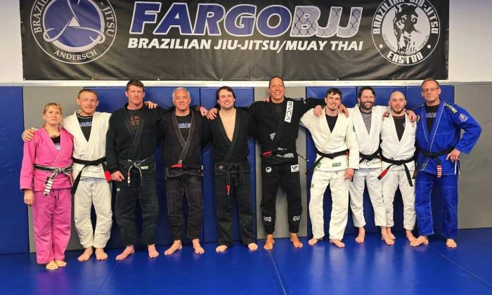 Group photo of the Fargobjj black belts after a seminar with Helio Soneca on February 1st, 2025