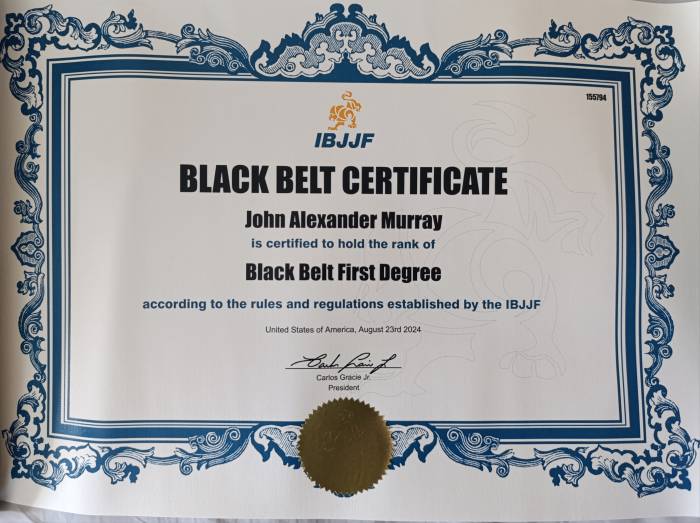 Black belt 1st degree · August 23, 2024 · Promoted by Carlos Gracie Jnr for IBJJF