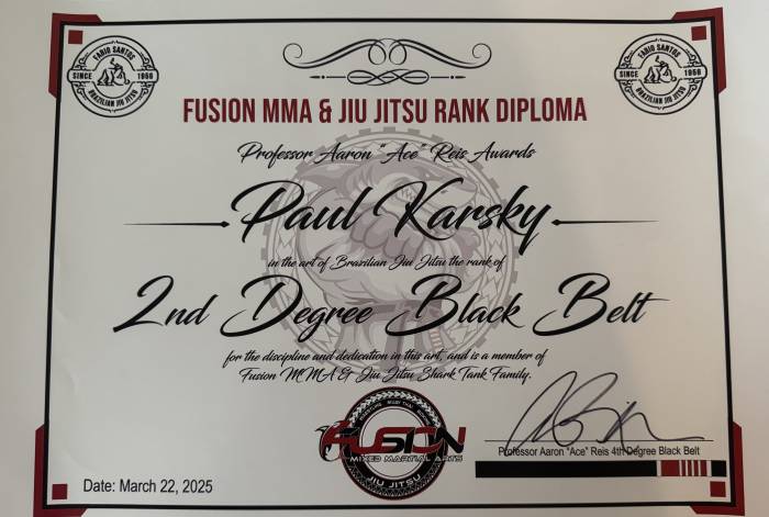 Black belt 2nd degree · March 22, 2025 · Promoted by Aaron Reis