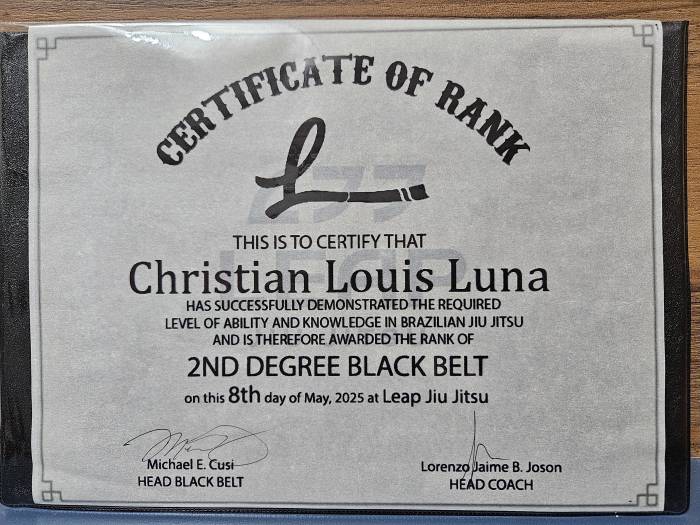 Black belt 1st degree · May 8, 2025 · Promoted by Prof. Michael E. Cusi