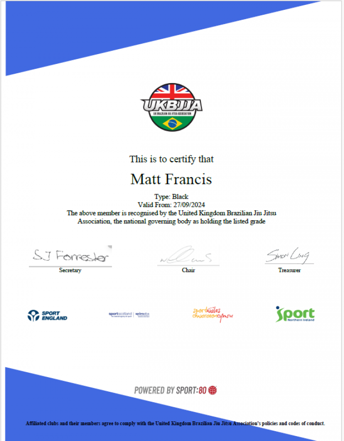 UKBJJA Black Belt Certificate