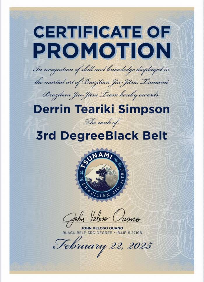 Black belt 3rd degree · February 22, 2025 · Promoted by John Ouano
