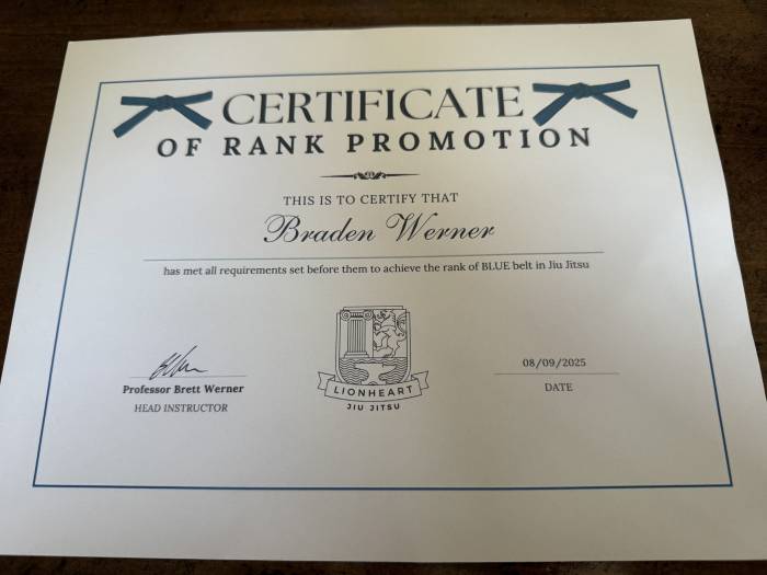 Blue belt · August 9, 2025 · Promoted by Brett Werner