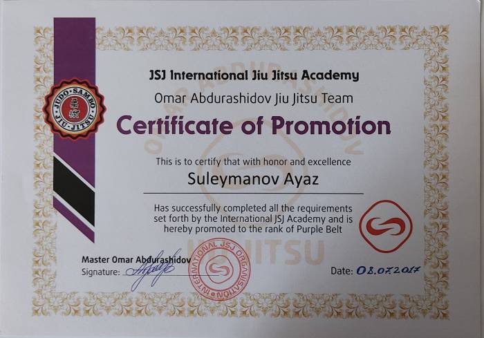 Purple belt · August 8, 2017 · Promoted by Omar Abdurashidov