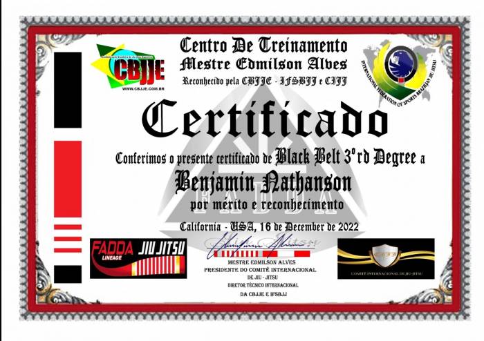 Black belt 3rd degree · December 16, 2022 · Promoted by Edmilson Alves