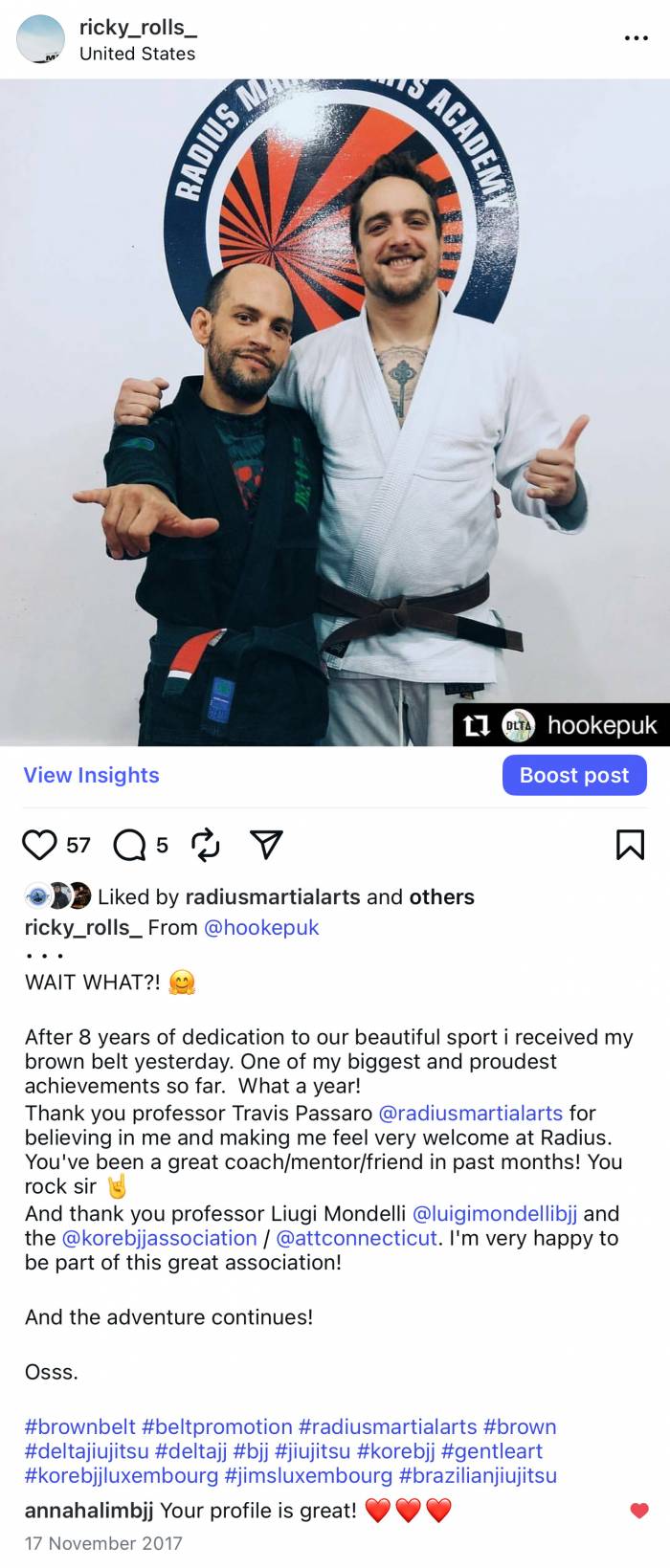 Brown belt · November 1, 2017 · Promoted by Travis Passaro