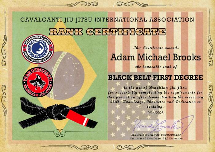 Black belt 1st degree · September 14, 2025 · Promoted by Master Ricardo Cavalcanti