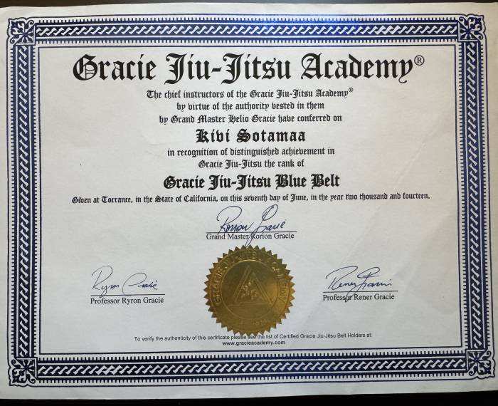 Blue belt · June 7, 2014 · Promoted by Rorion Gracie