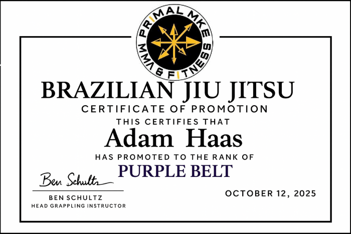 Purple belt · October 12, 2025 · Promoted by Ben Schultz