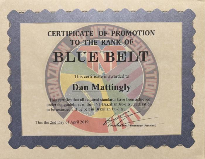 Blue belt · April 8, 2019 · Promoted by Scott Tannenbaum