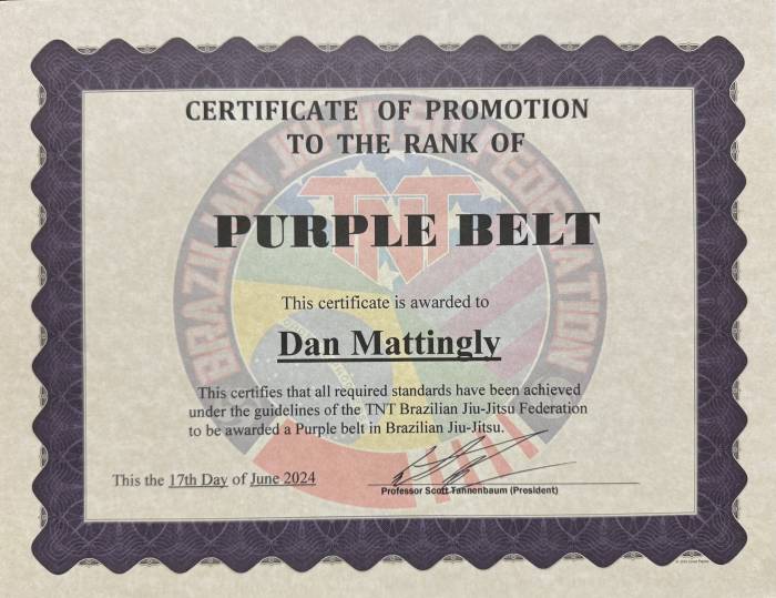 Purple belt · July 16, 2024 · Promoted by Scott Tannenbaum