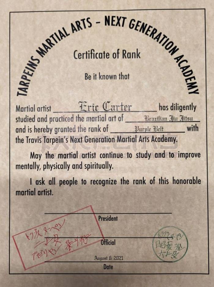 Purple belt · August 6, 2021 · Promoted by Travis Tarpein