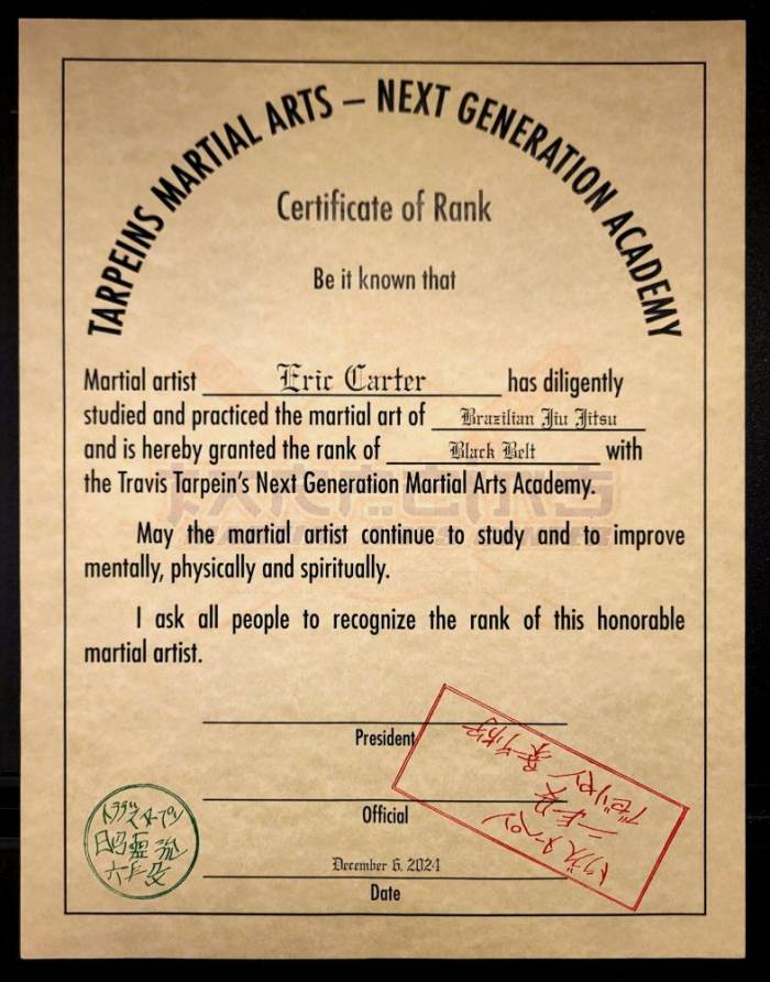 Black belt · December 6, 2024 · Promoted by Travis Tarpein