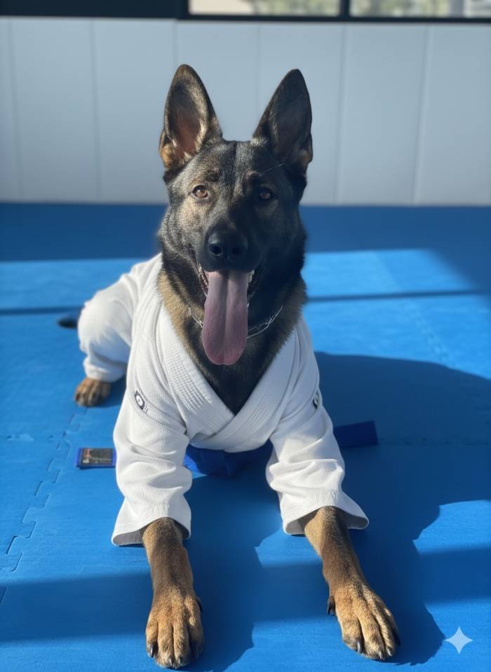 My service dog wanting to join the Jiu Jitsu crowd.. Ok it was AI that put her GI on!
