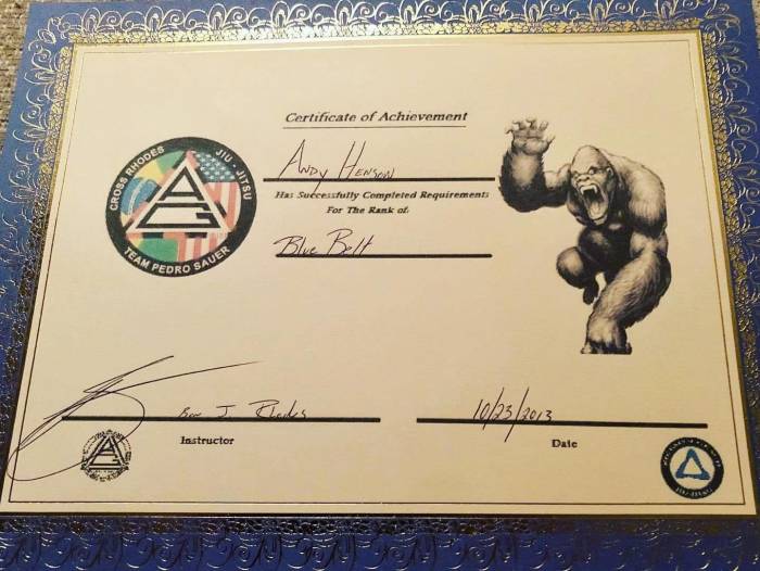 Blue belt · October 23, 2013 · Promoted by Professor Ben Rhodes