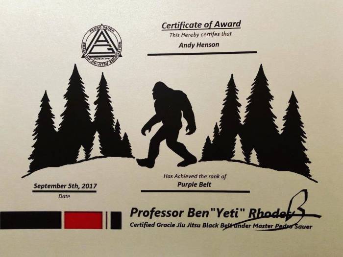 Purple belt · September 5, 2017 · Promoted by Professor Ben Rhodes