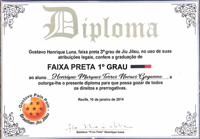 Black belt 1st degree · January 10, 2014 · Promoted by Gustavo Henrique "Pôin Pôin" Luna