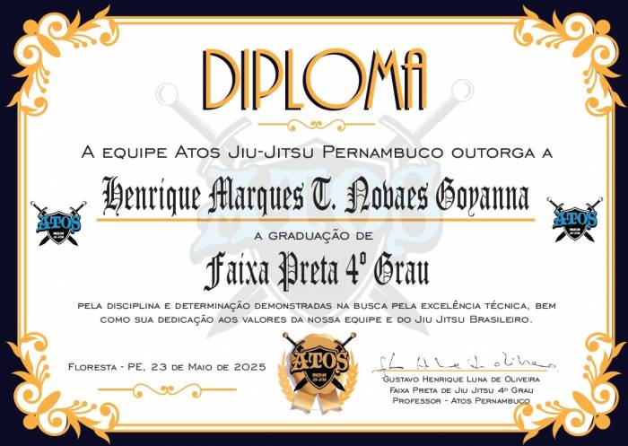 Black belt 4th degree · May 23, 2025 · Promoted by Gustavo Henrique "Pôin Pôin" Luna