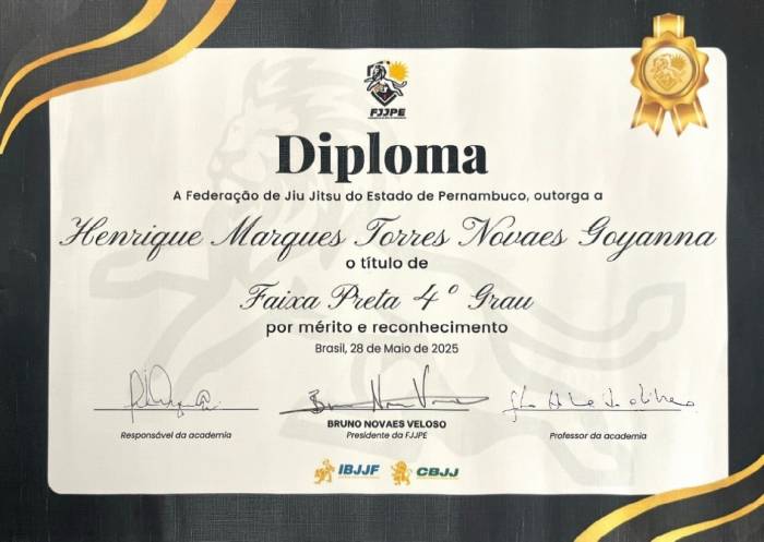 Black belt 4th degree · May 23, 2025 · Promoted by Gustavo Henrique "Pôin Pôin" Luna