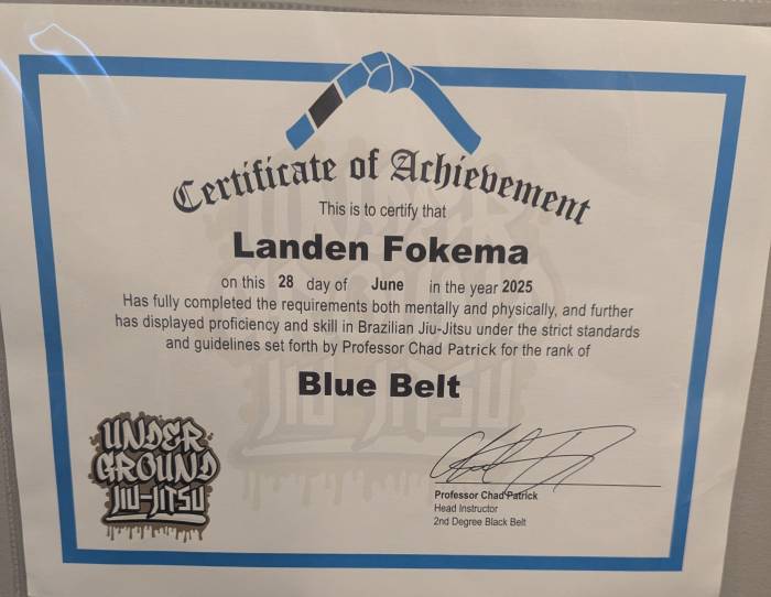 Blue belt · June 28, 2025 · Promoted by Chad Degenhardt (Patrick)