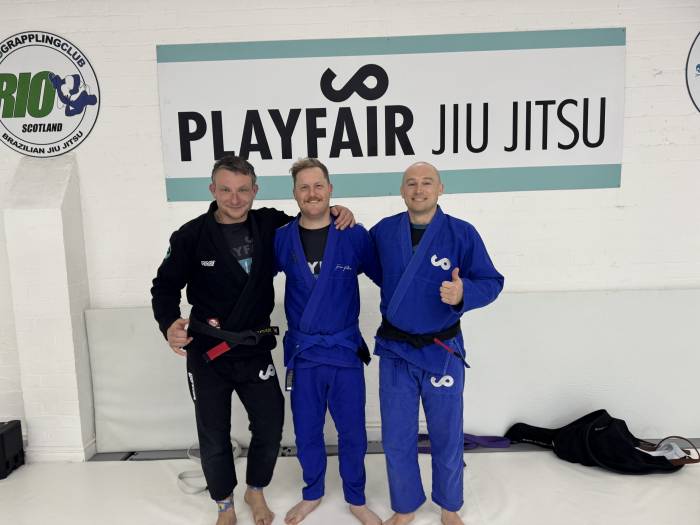 Blue belt · December 6, 2025 · Promoted by Mariusz and Steven at Playfair Jiu Jitsu