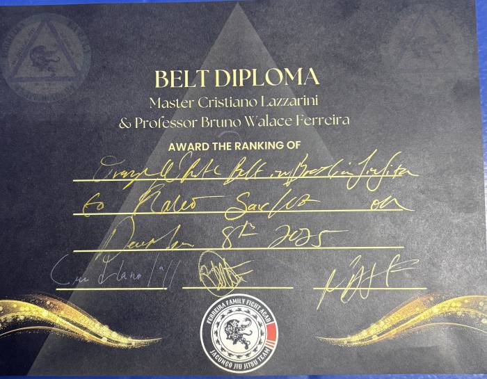 Orange belt · December 8, 2025 · Promoted by Profesor Bruno