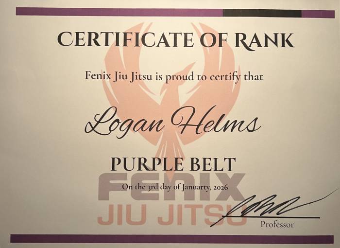 Purple belt · January 3, 2026 · Promoted by Jason Bebber
