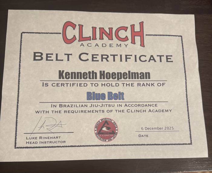 Blue belt · December 6, 2025 · Promoted by Luke Rinehart