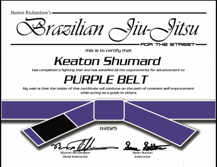 Purple belt · September 30, 2025 · Promoted by Sean Sutton