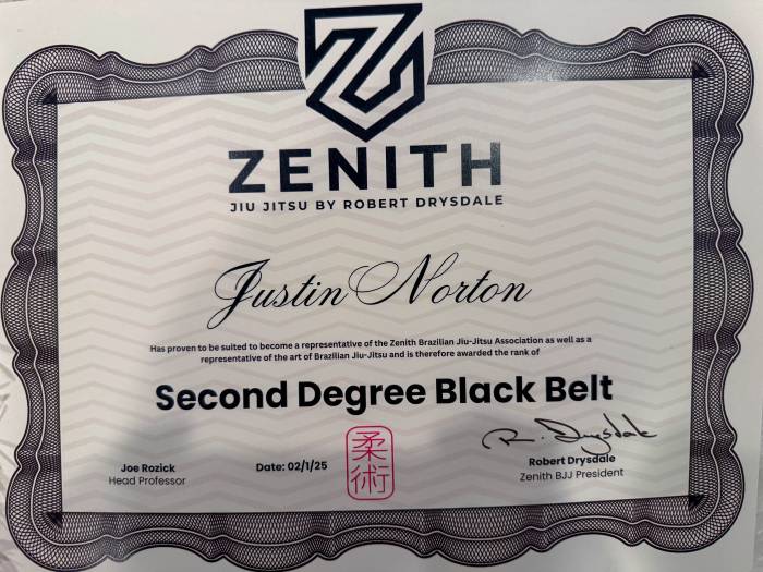 Black belt 2nd degree · February 1, 2025 · Promoted by Professor Robert Drysdale