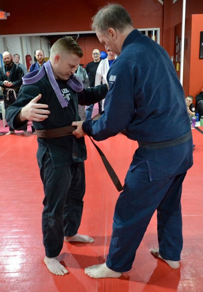 Brown belt · November 16, 2019 · Promoted by Geoff Balme in the Presence of Roberto Maia - Stripes awarded by Guy and Rob Pendergrass in the presence of Gustavo Machado at Pendergrass Academy of Martial Arts