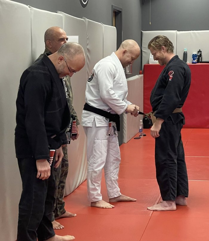 Brown belt · November 16, 2019 · Promoted by Geoff Balme in the Presence of Roberto Maia - Stripes awarded by Guy and Rob Pendergrass in the presence of Gustavo Machado at Pendergrass Academy of Martial Arts