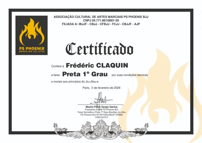 Black belt 1st degree · February 5, 2026 · Promoted by Paulo Sergio Silva Dos Santos