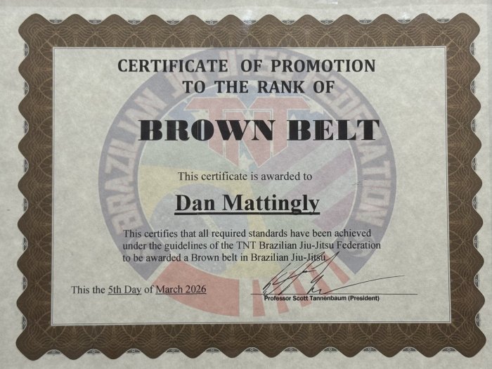 Brown belt · March 10, 2026 · Promoted by Scott Tannenbaum