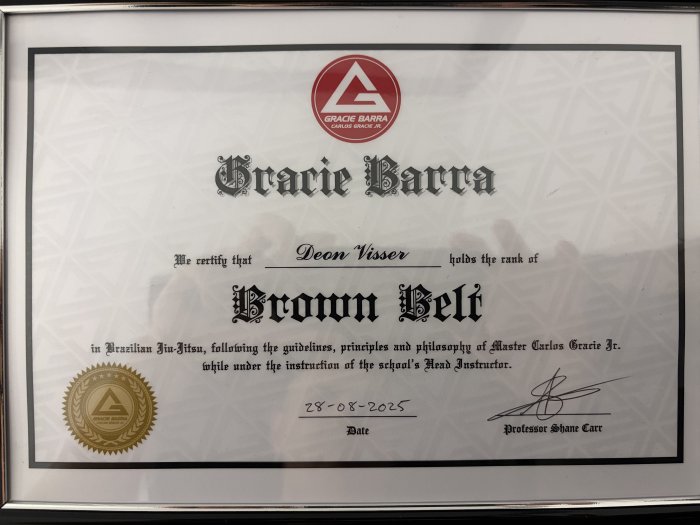 Brown belt · August 28, 2025 · Promoted by Shane Carr