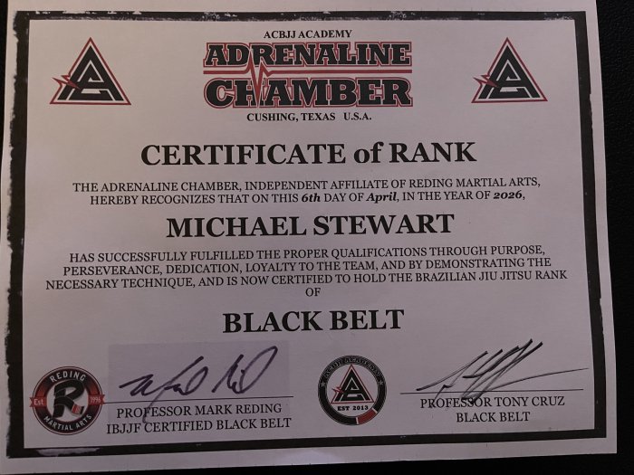 Black belt · April 6, 2026 · Promoted by Anthony Cruz