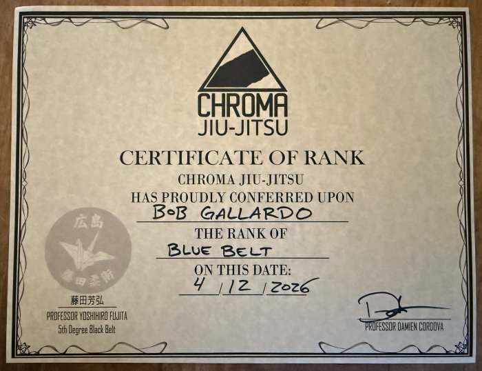 Blue belt · April 12, 2026 · Promoted by Damien Cordova