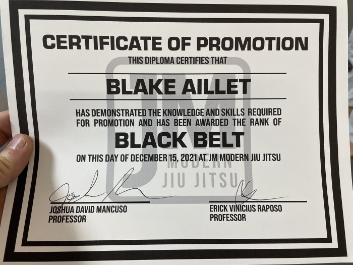 Black belt · December 17, 2021 · Promoted by Josh Mancuso